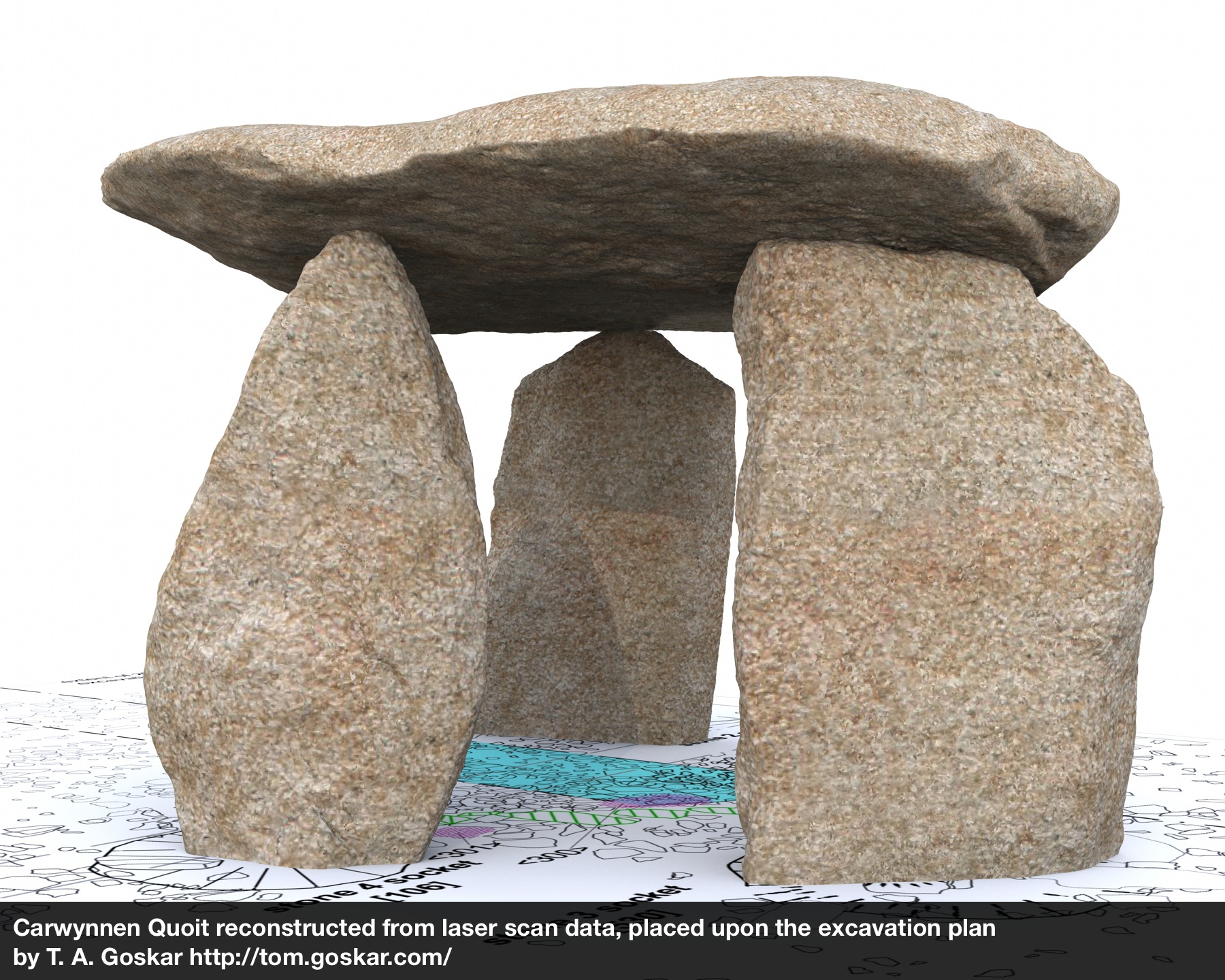 Carwynnen Quoit reconstructed from laser scan data, placed upon the excavation plan