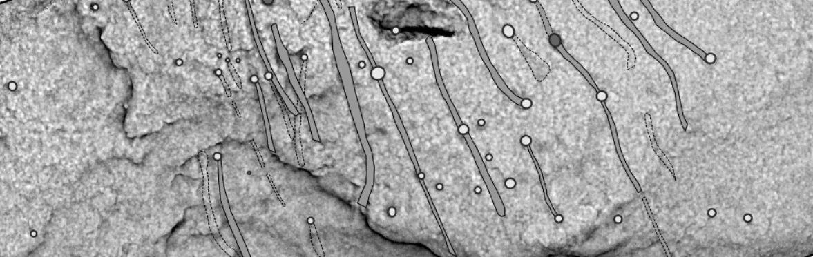 Black and white image of a stone's surface with dots and lines indicating the presence of prehistoric markings.