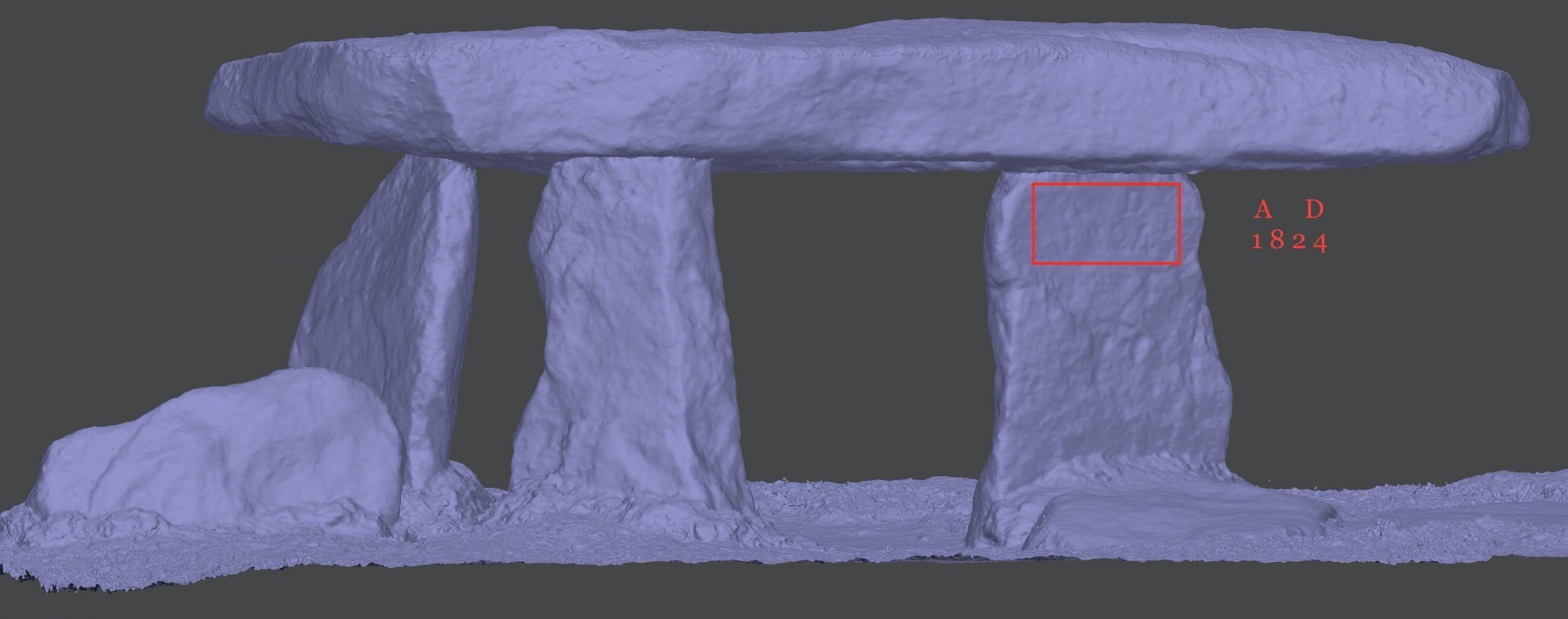 An image of Lanyon Quoit with no colouring visible. This lays bare the surface of the stone with no distracting lichens or crystal formations visible. The date of the reconstruction of the quoit is picked out by a red box containing the letters "A D 1824".