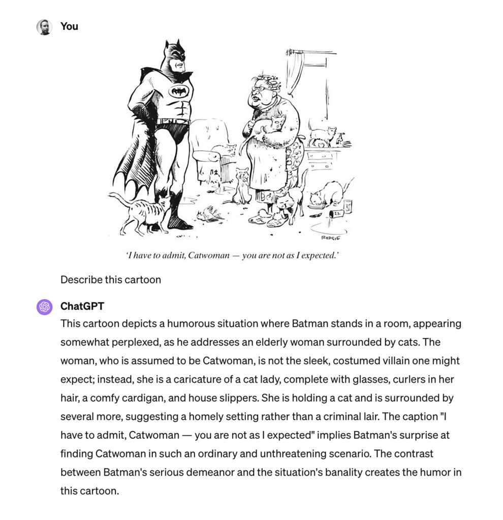 A screenshot of ChatGPT describing a cartoon.