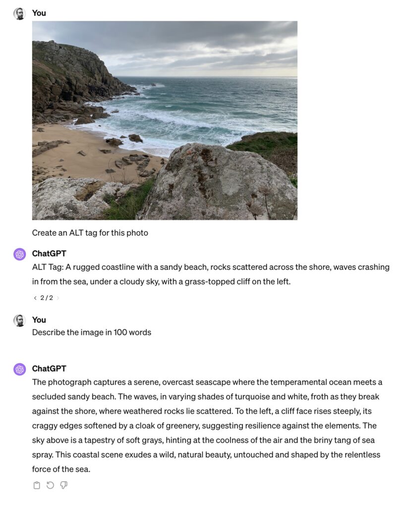 A screenshot of ChatGPT 4 showing how it can be used to describe photos for ALT tags.