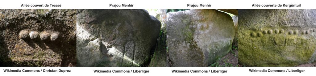 A composite of 4 images of prehistoric (neolithic/Bronze Age) breast motifs from Brittany.