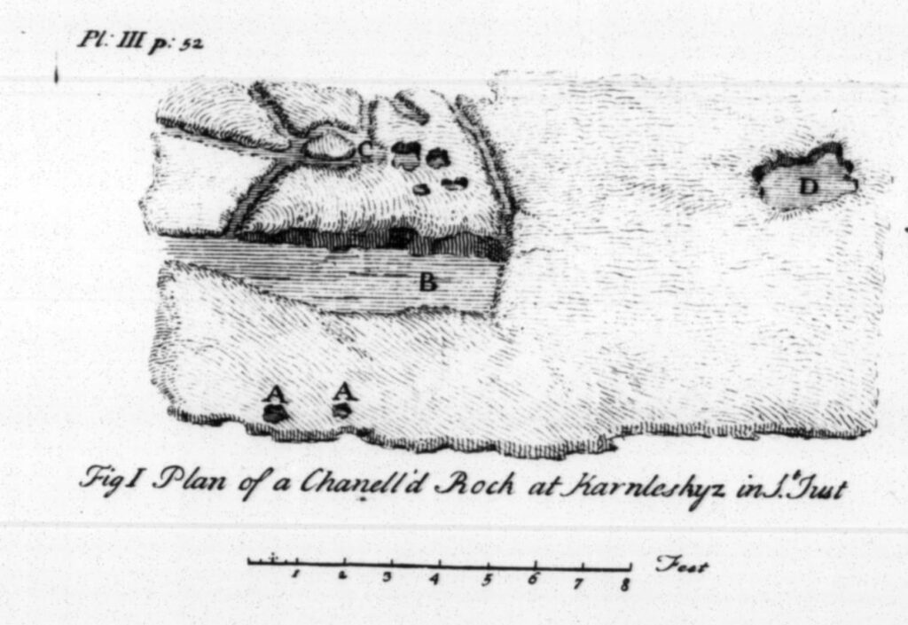 Black and white engraving of an interesting stone noted by William Borlase and published in 1754. It shows the outline of a stone containing shallow basins, narrow channels and some circular depressions which may be cup marks, a part of the prehistoric Atlantic rock art tradition.
