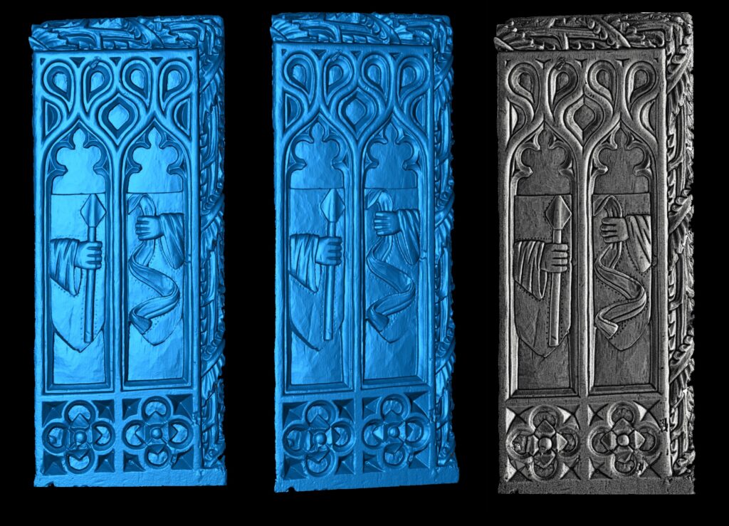 This image shows three renderings of a 3D scan of a medieval wooden bench end. The panel is rectangular, carved with two arched niches. Inside are two stylised hands: the left grips a spear, the right holds a flowing scroll or cloth. Above are gothic tracery patterns, while below are circular floral motifs. The edges are bordered with intricate vines. The left and middle images use bright blue shading to highlight the carved depth, while the right rendering is in grey, giving a more natural wood-like appearance. Each view emphasises the fine surface details of the medieval craftsmanship.